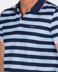 Blauwe gestreepte polo met roze details