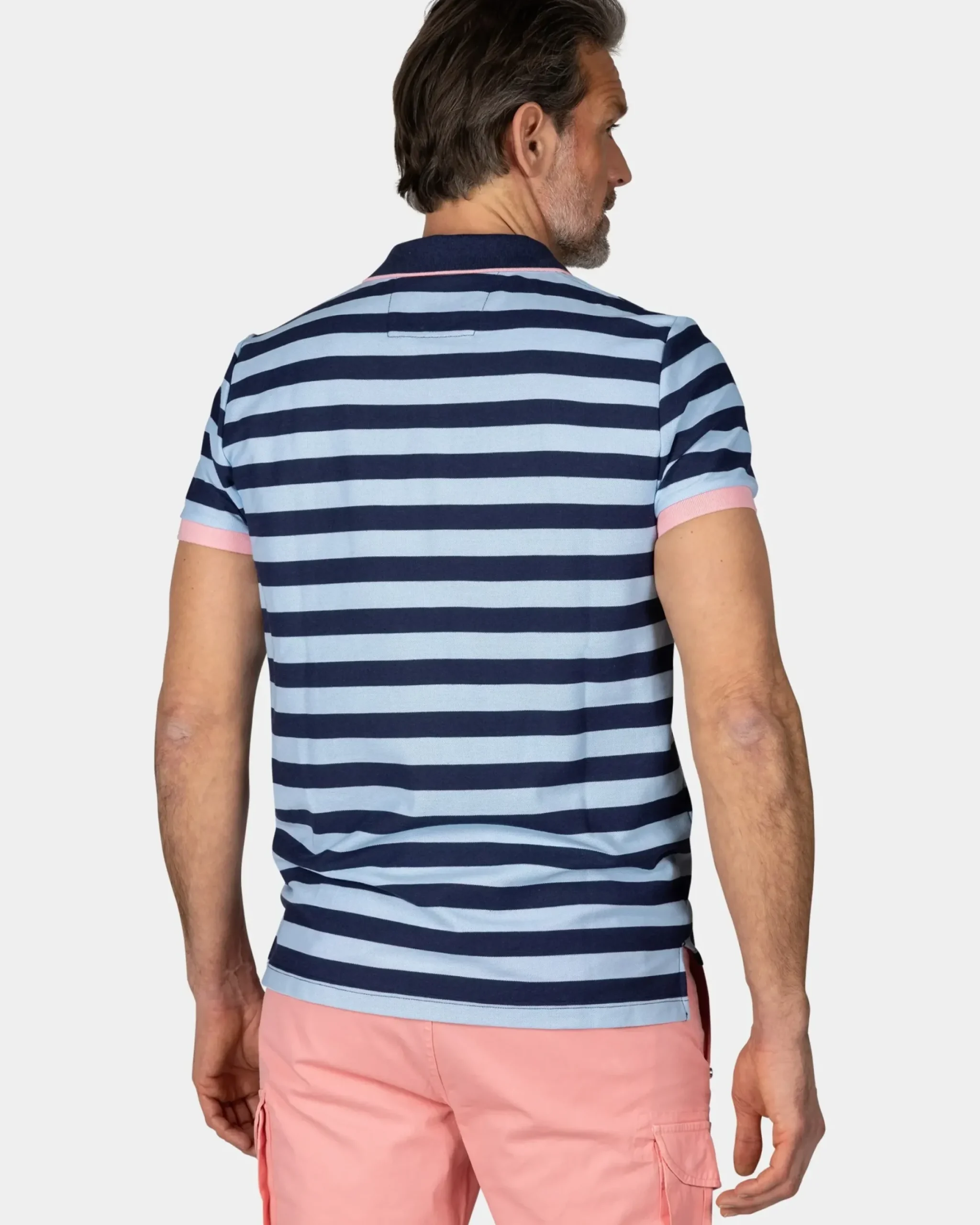 Blauwe gestreepte polo met roze details