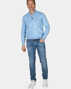 Blauwe katoenen trui met halve rits