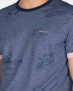 Blauw geprint t-shirt met roze details