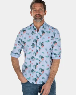 Blauw linnen katoenen overhemd met bladerprint