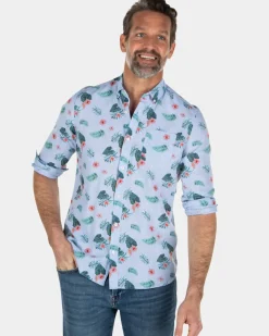 Blauw linnen katoenen overhemd met bladerprint
