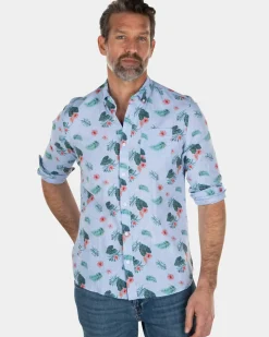 Blauw linnen katoenen overhemd met bladerprint