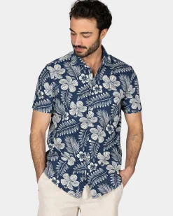 Blauw overhemd met witte bloemenprint