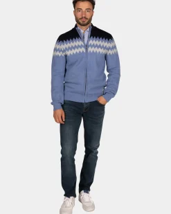 Blauw wollen vest met wit motief - Mineral Blue