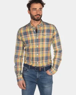 Checkered linen shirt yellow blue red - Blue Multicolour