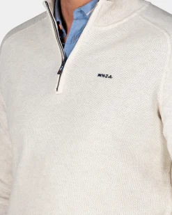 Creme beige basis pullover met halve rits