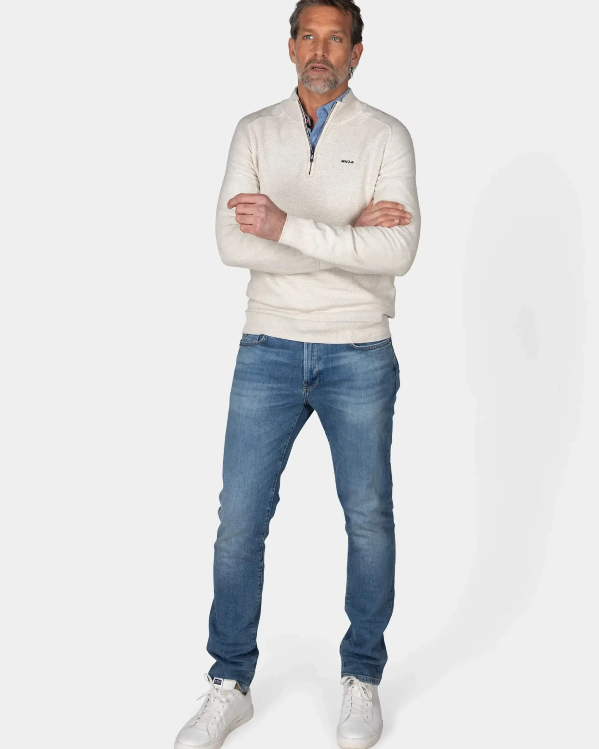 Creme beige basis pullover met halve rits
