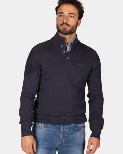 Donkerblauwe gebreide katoenen trui met knopen - Winter Navy