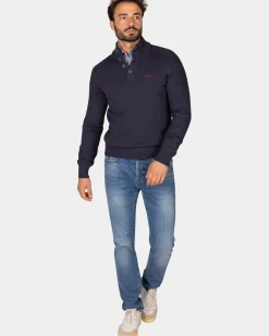 Donkerblauwe gebreide katoenen trui met knopen - Winter Navy
