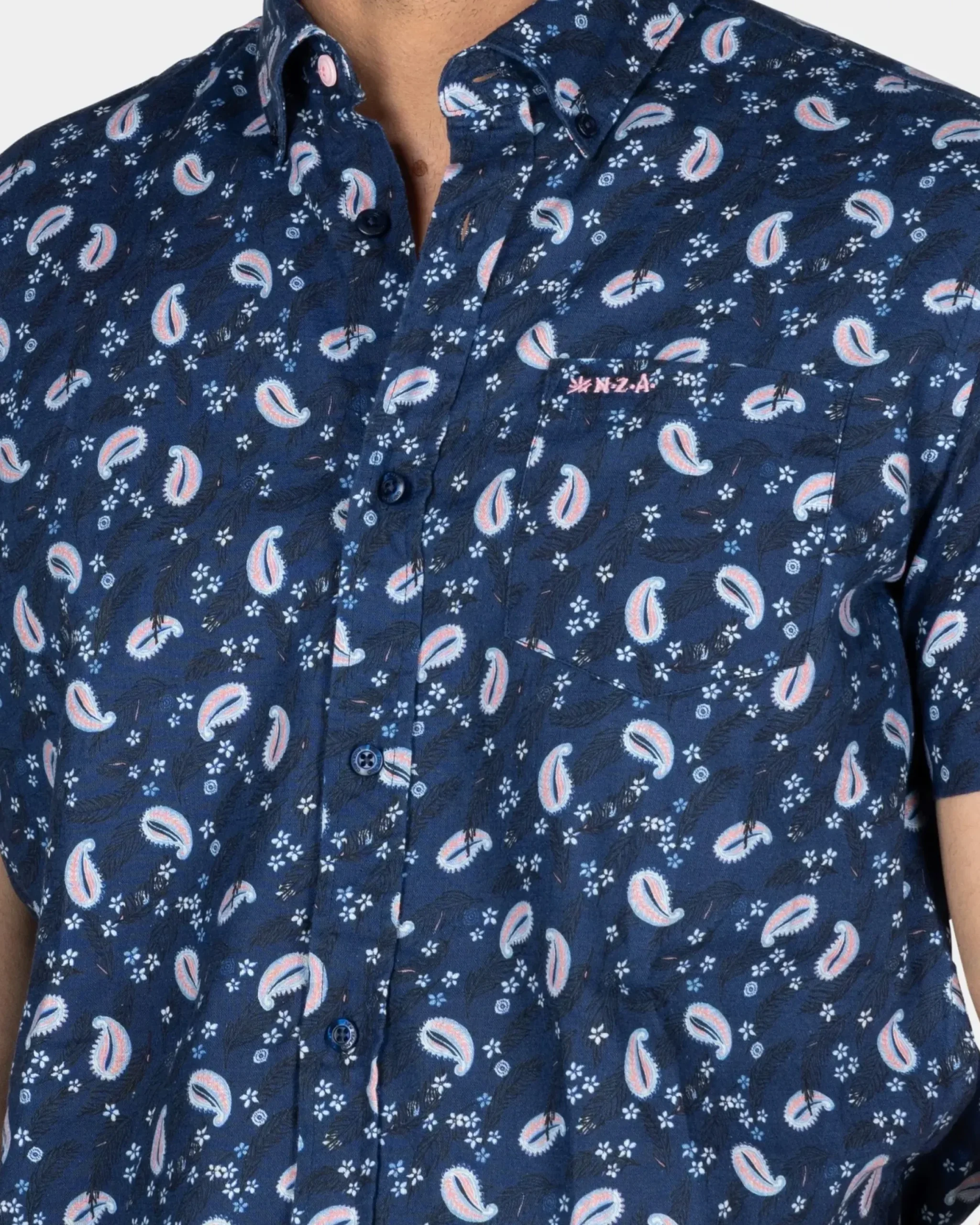 Donkerblauw overhemd met print en korte mouw