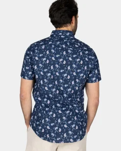 Donkerblauw overhemd met print en korte mouw