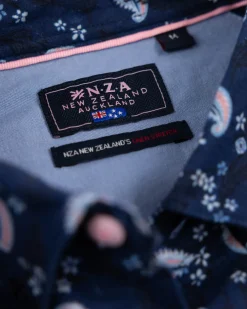 Donkerblauw overhemd met print en korte mouw