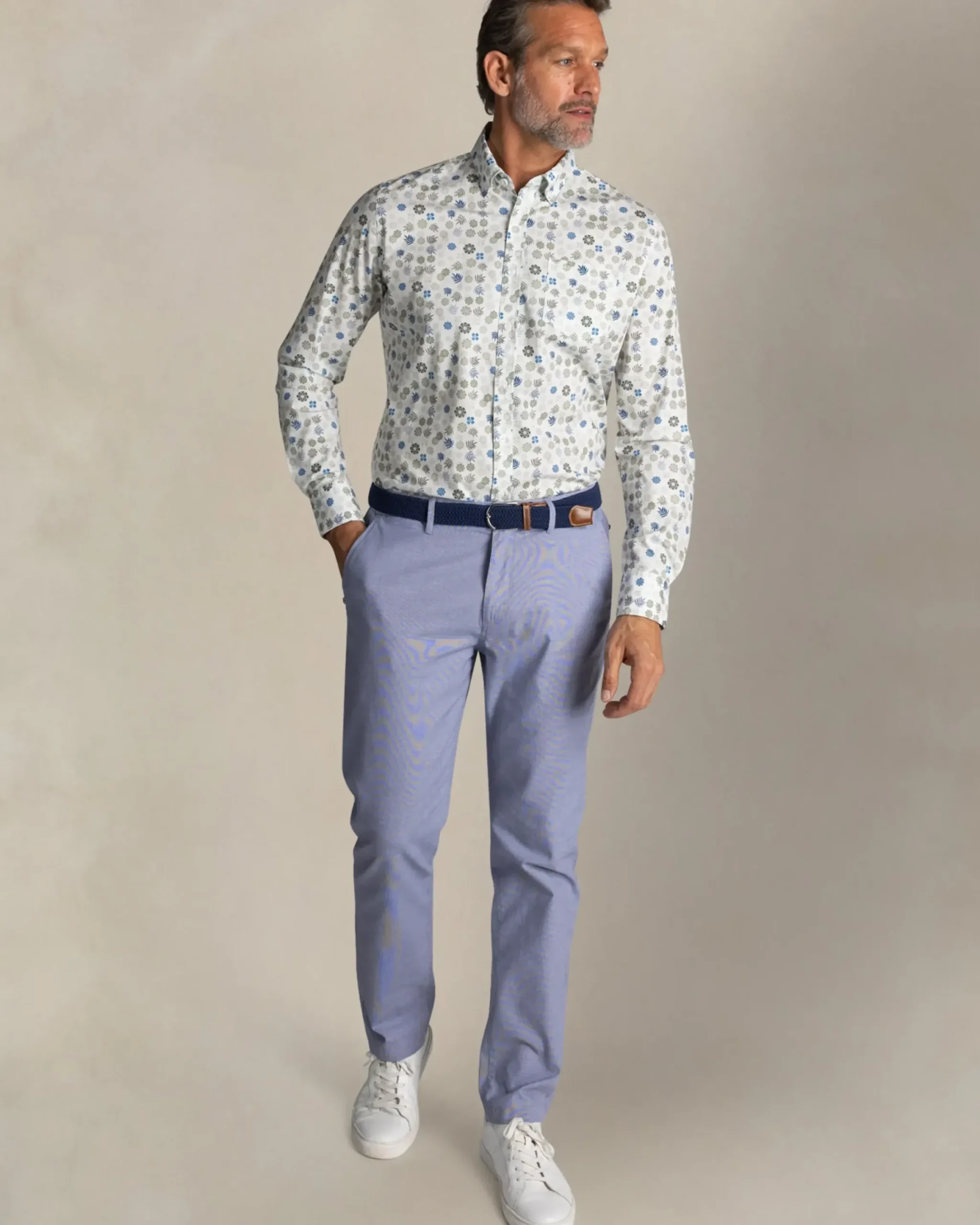 Ecru katoenen stretch overhemd met bloemenprint