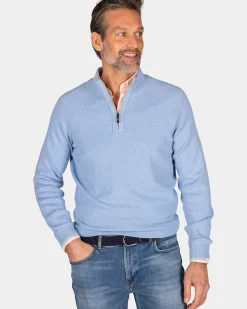 Effen lichtblauwe katoenen trui met halve rits