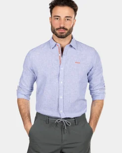 Effen linnen overhemd met lange mouw - Dusk Navy