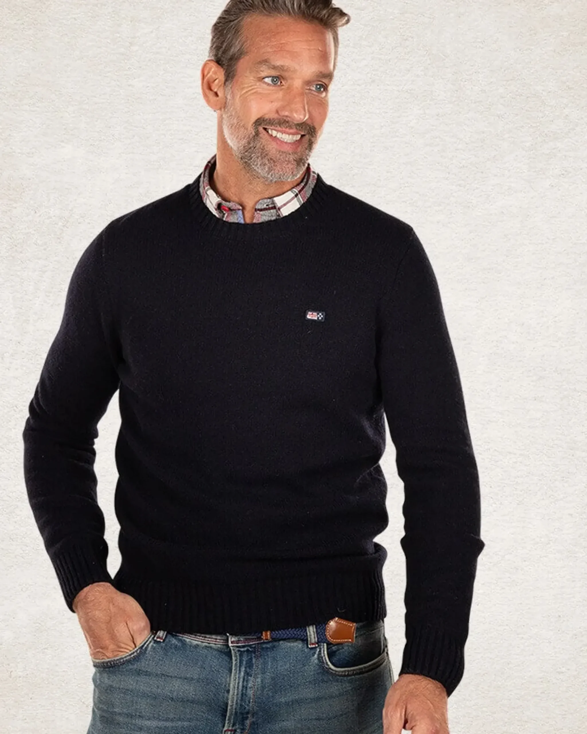 Effen trui met ronde hals van wol - Pitch navy