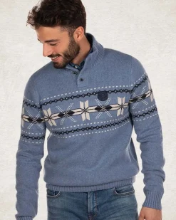 Gebreide trui met halve knoopssluiting - Cloudy Blue