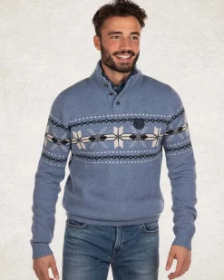 Gebreide trui met halve knoopssluiting - Cloudy Blue