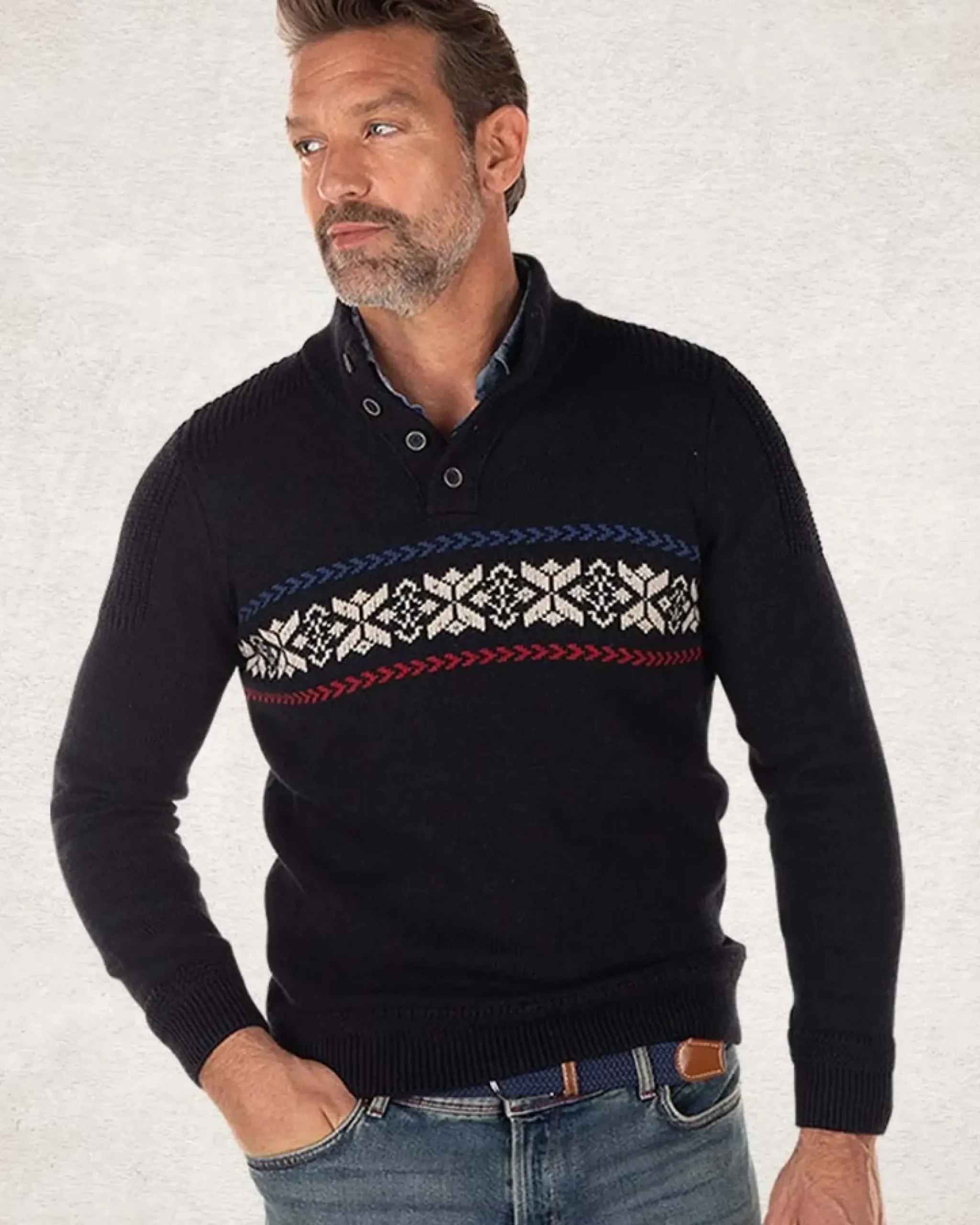 Gebreide trui met halve knoopssluiting - Pitch Navy
