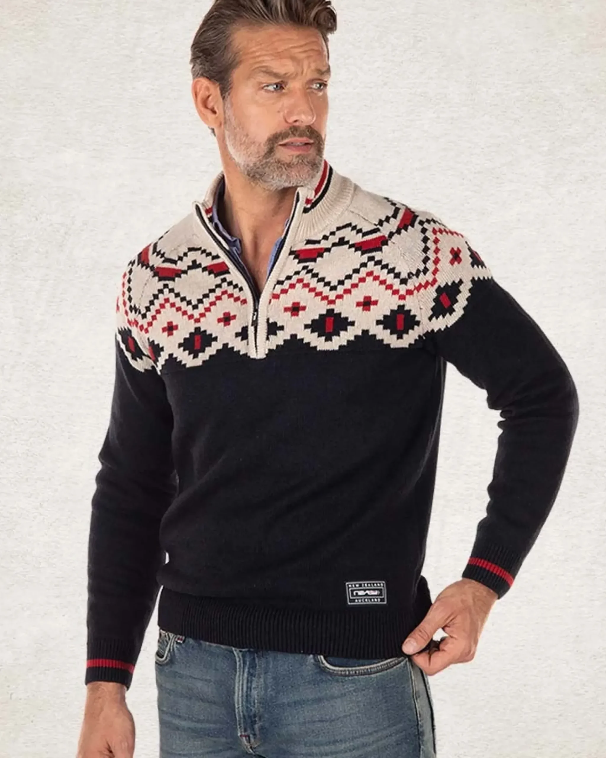 Gebreide trui met halve rits en accentkleuren - Pitch Navy