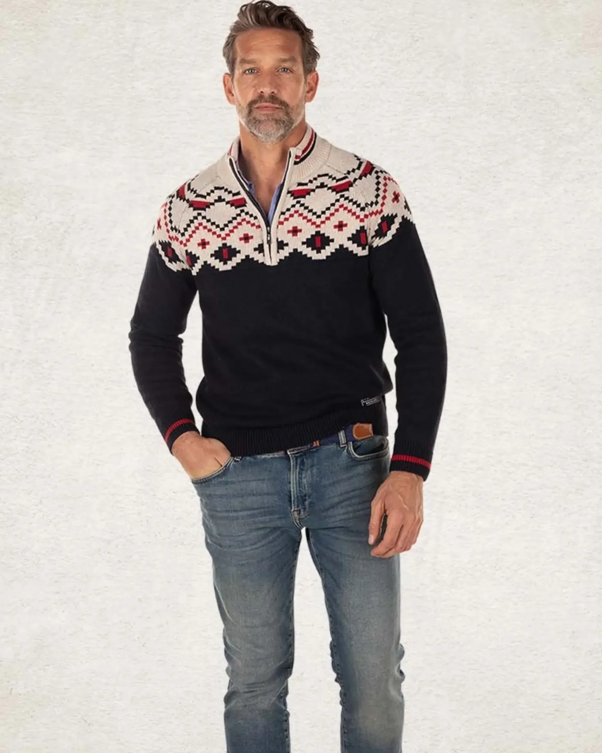 Gebreide trui met halve rits en accentkleuren - Pitch Navy