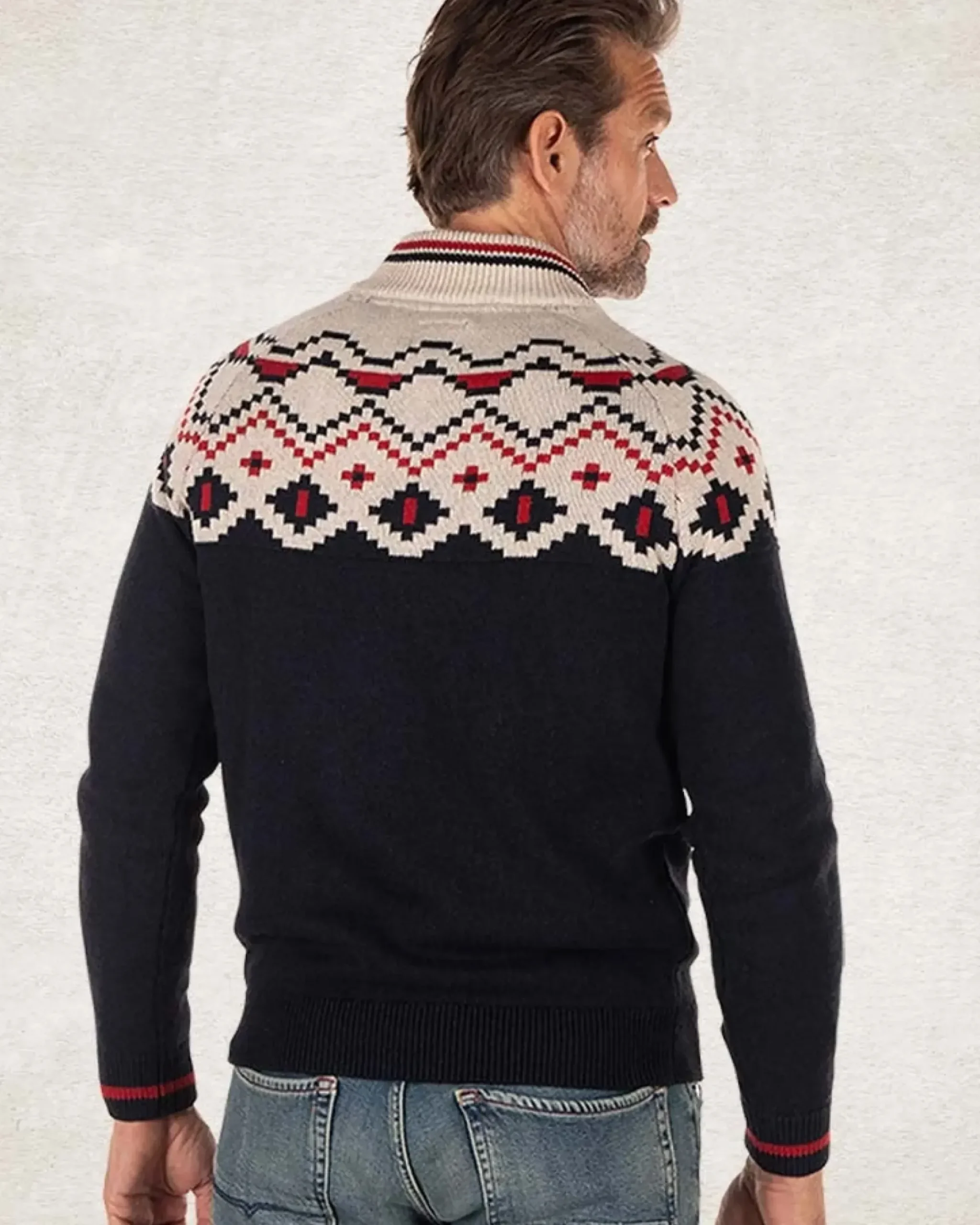 Gebreide trui met halve rits en accentkleuren - Pitch Navy