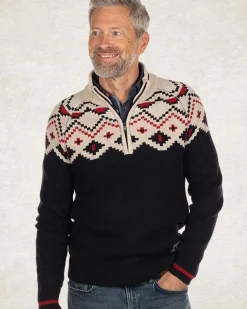 Gebreide trui met halve rits en accentkleuren - Pitch Navy