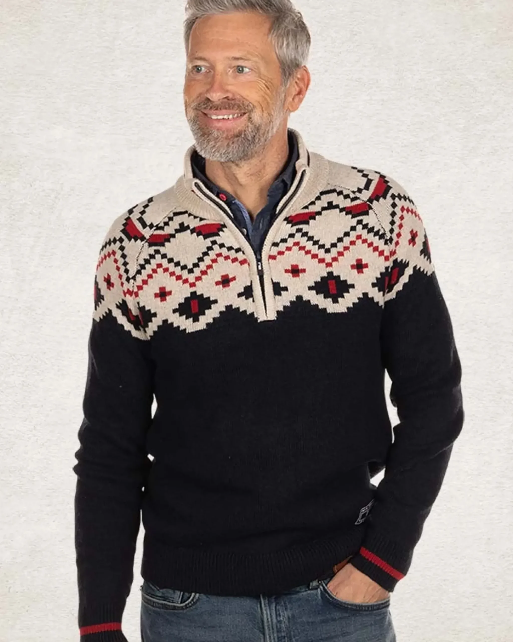 Gebreide trui met halve rits en accentkleuren - Pitch Navy