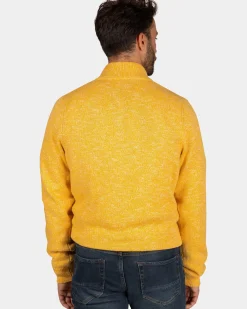 Gemêleerde okergele trui met knopen kraag - Warm Ocre