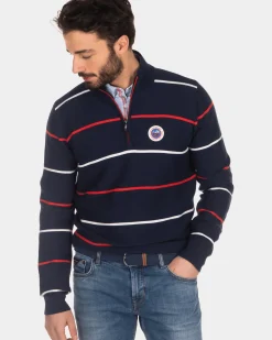 Gestreepte trui met halve ritssluiting blauw rood wit - Industrial Navy