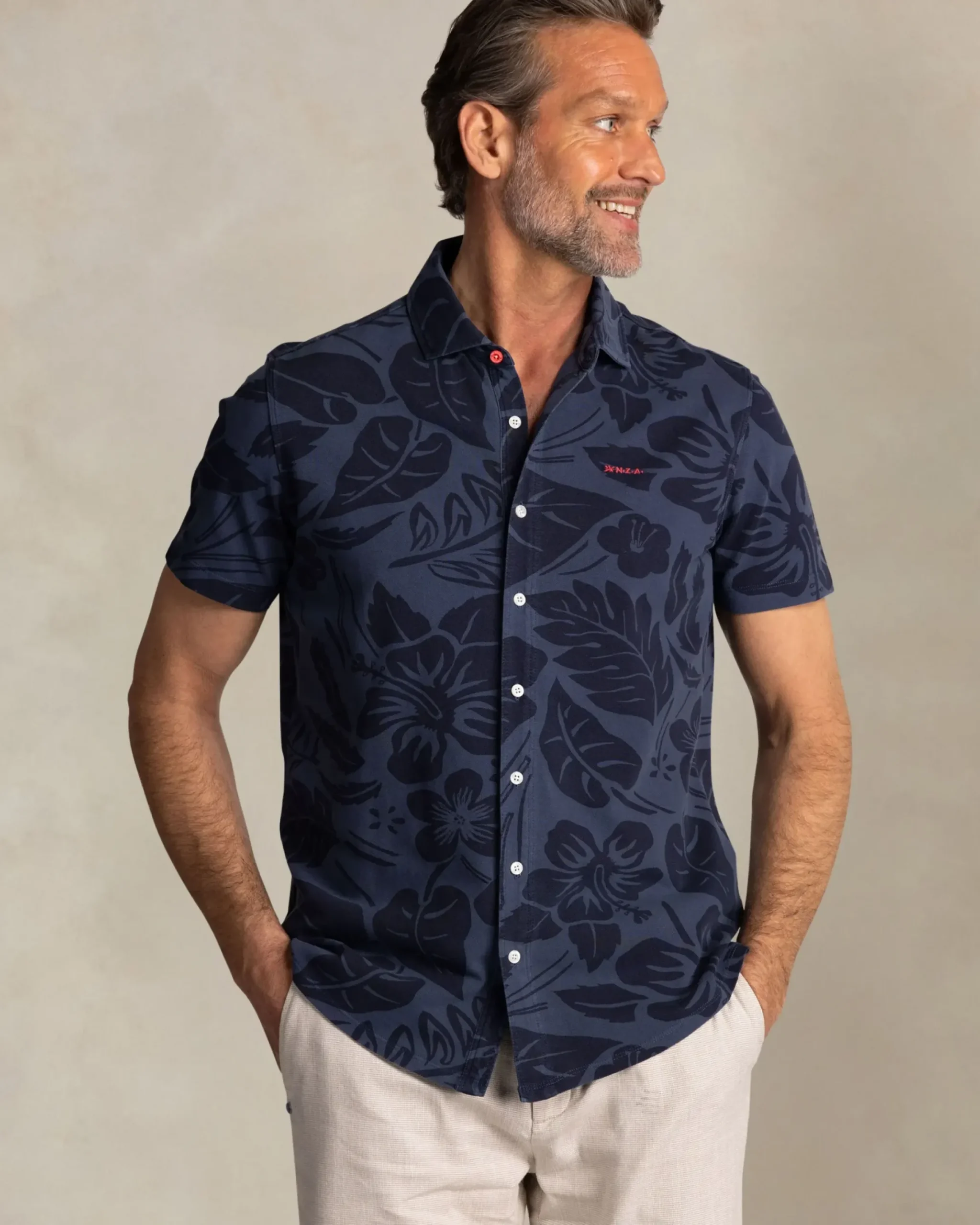 Grijsblauw overhemd met navy bloemenprint