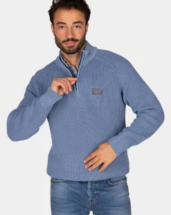 Grofgebreide blauwe trui met halve rits - Mineral Blue