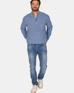 Grofgebreide blauwe trui met halve rits - Mineral Blue