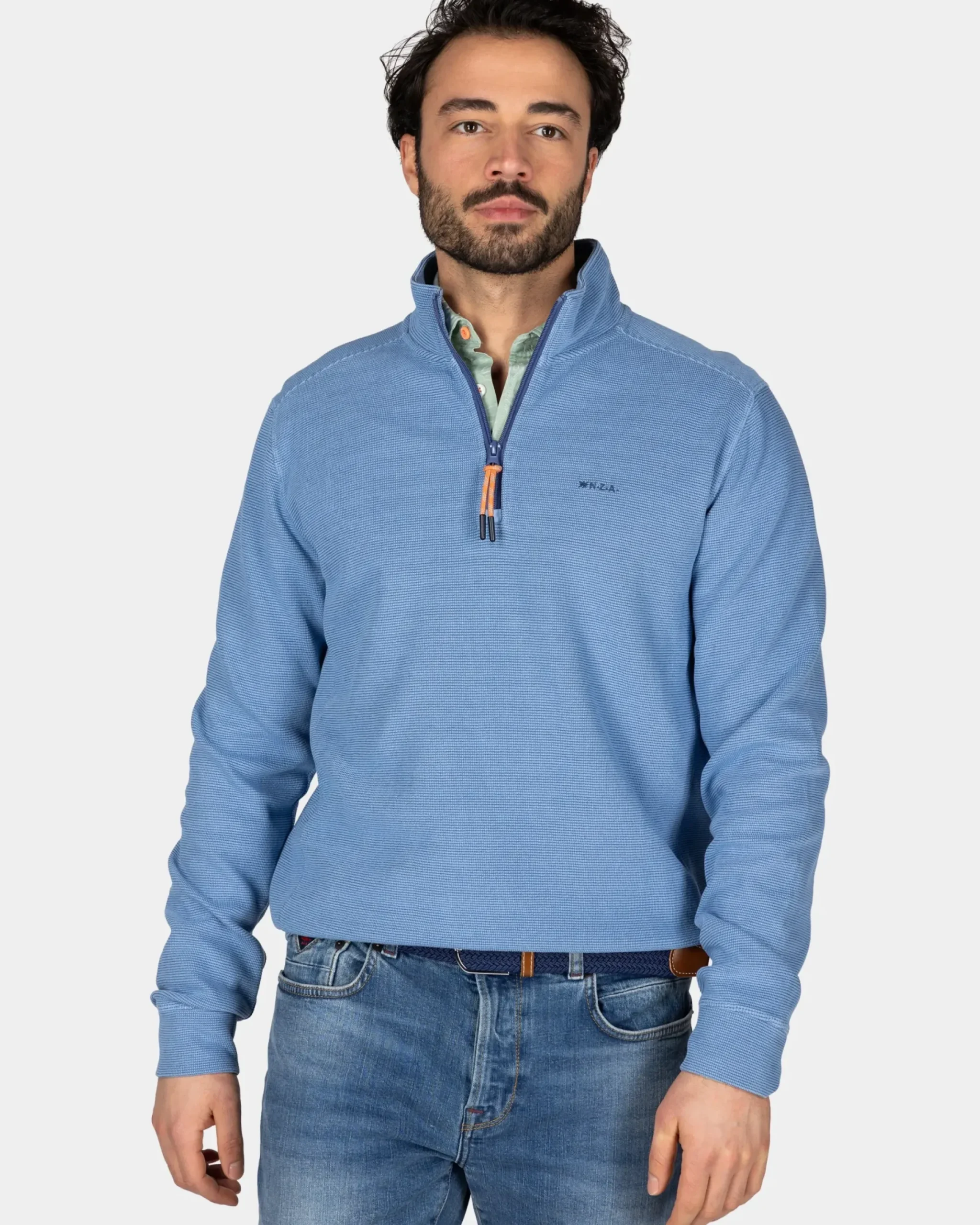Katoenen blauw pullover met halve rits