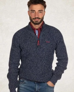 Katoenen effen trui met halve rits - Bright Water Blue