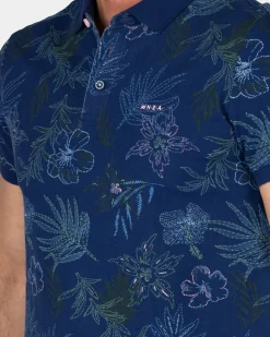 Katoenen navy polo met bladprint