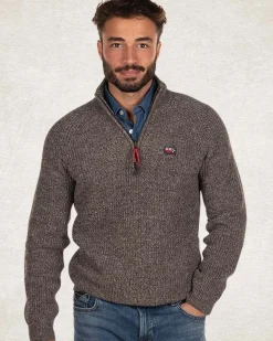 Katoenen pullover met halve rits - Smoked Green