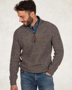 Katoenen pullover met halve rits - Smoked Green