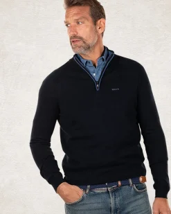 Katoen kasjmier trui met halve rits - Charcoal Navy