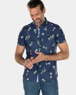 Linnen katoenen overhemd korte mouw met bloemenprint - Key Navy