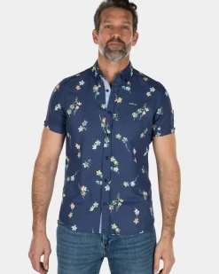 Linnen katoenen overhemd korte mouw met bloemenprint - Key Navy