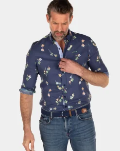 Linnen katoenen overhemd met bloemenprint - Key Navy