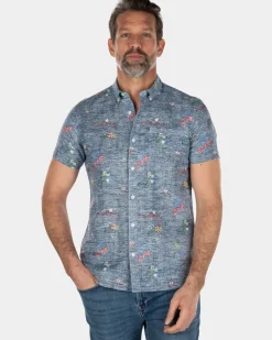 Linnen katoenen overhemd met korte mouwen en bloemenprint - Key Navy
