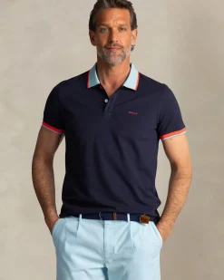 Navy katoenen polo met lichtblauwe kraag