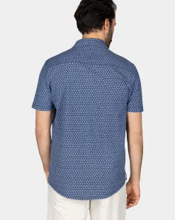 Navy overhemd met kleine roze print
