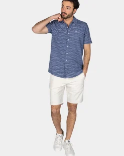 Navy overhemd met kleine roze print