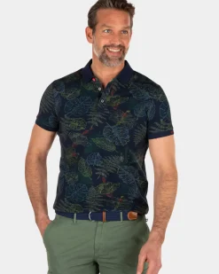 Navy polo met blader print - Key Navy