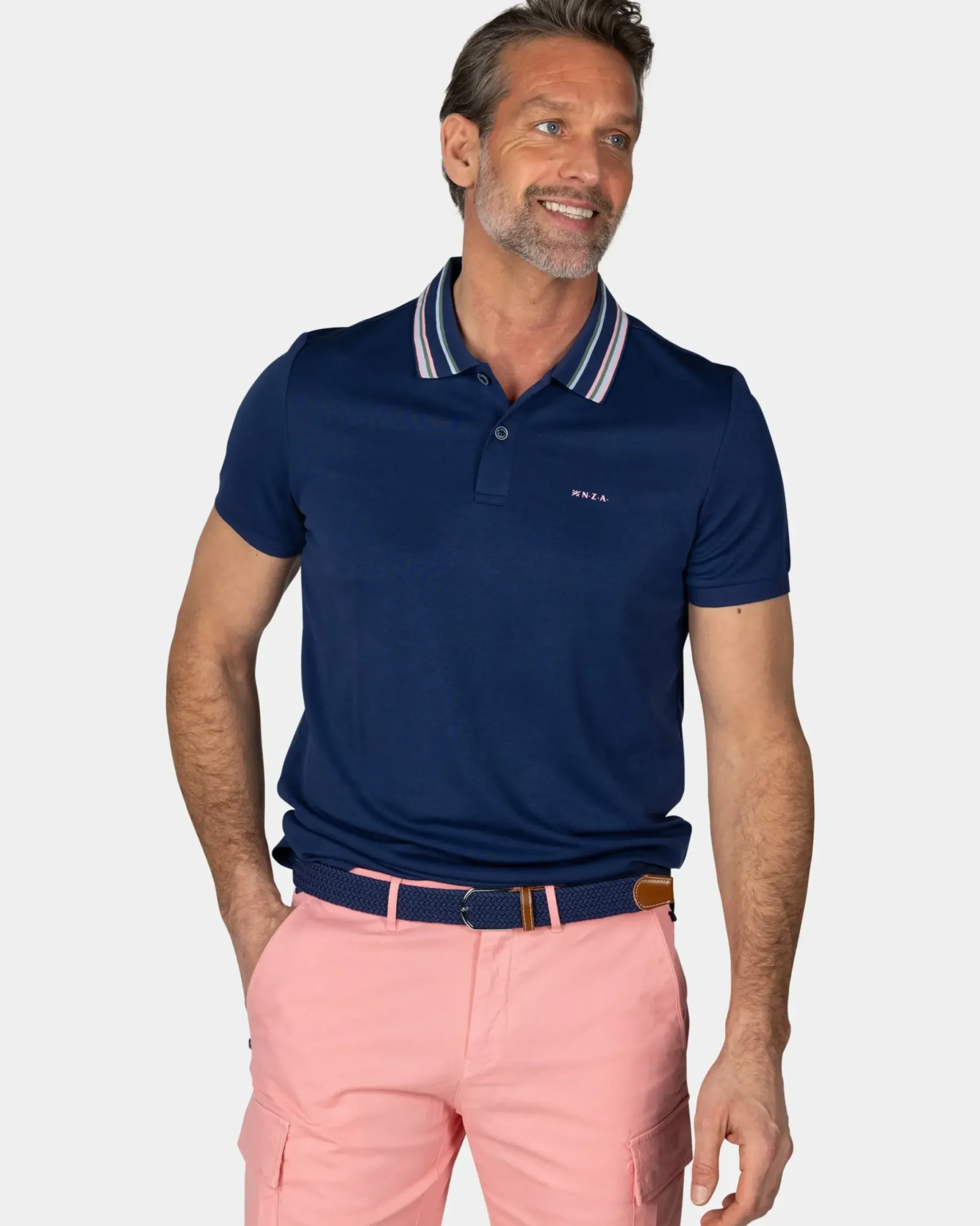 Navy polo met gestreepte kraag