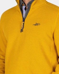Okergele katoenen sweater met halve rits - Warm Ocre